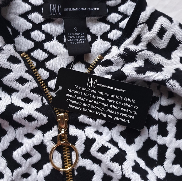 INC Wm Black & White Geometric Sweater Fit & Flare A-Line Dress w/ V-Neck Zip Sm - Picture 11 of 16